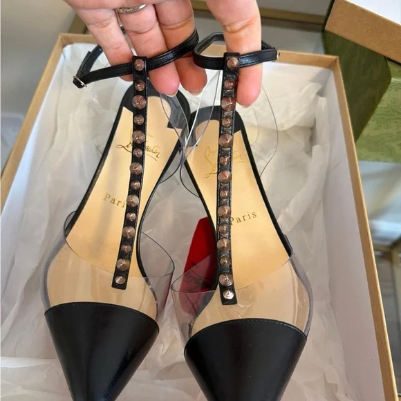Christian Louboutin Black Pointed-Toe T-Strap Studded Heels - Picture 2 of 9